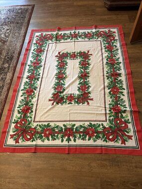 Large Festive Christmas Tablecloth Red Ribbons 65 X 52